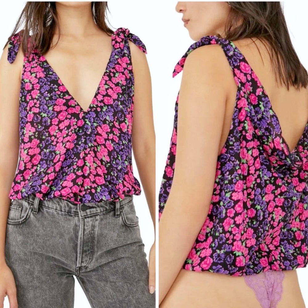 FREE PEOPLE Floral Shoulder Tie Draped Back Bodysuit
